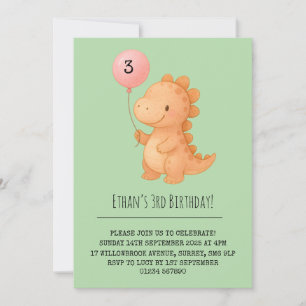 Invitación Dino rosado sonriente sostiene el cumpleaños del g