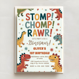 Invitación Dino Stomp Chomp ROAR Primera Fiesta de Cumpleaños
