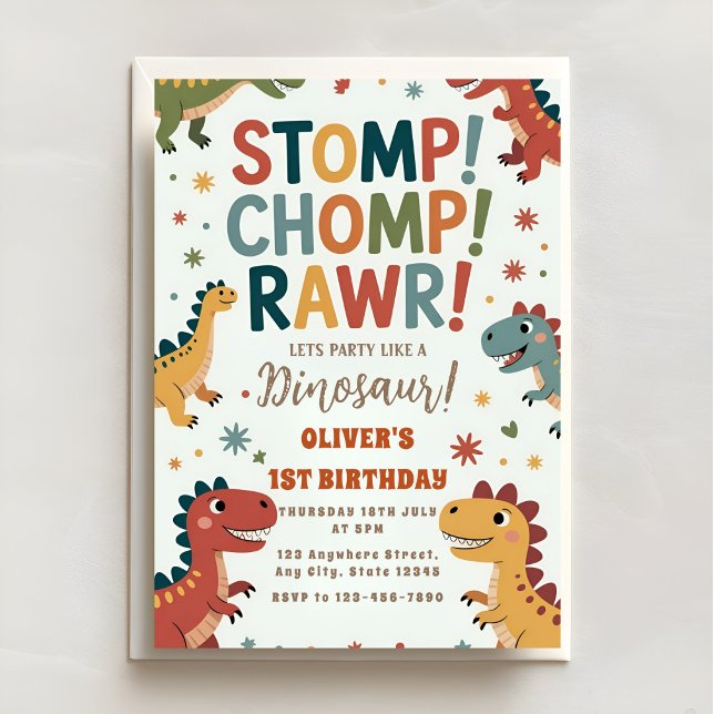 Invitación Dino Stomp Chomp ROAR Primera Fiesta de Cumpleaños (Subido por el creador)