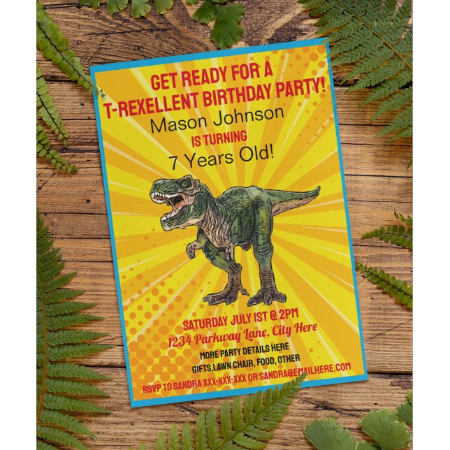 Invitación Dino T-Rex Dinosaur Funny Cumpleaños Colorful Dive (Fun Dinosaur Kid's birthday invitation)