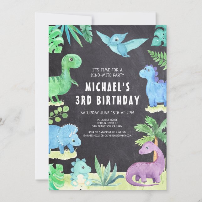 Invitación Dino Three Trex Boy 3 cumpleaños de dinosaurio (Anverso)