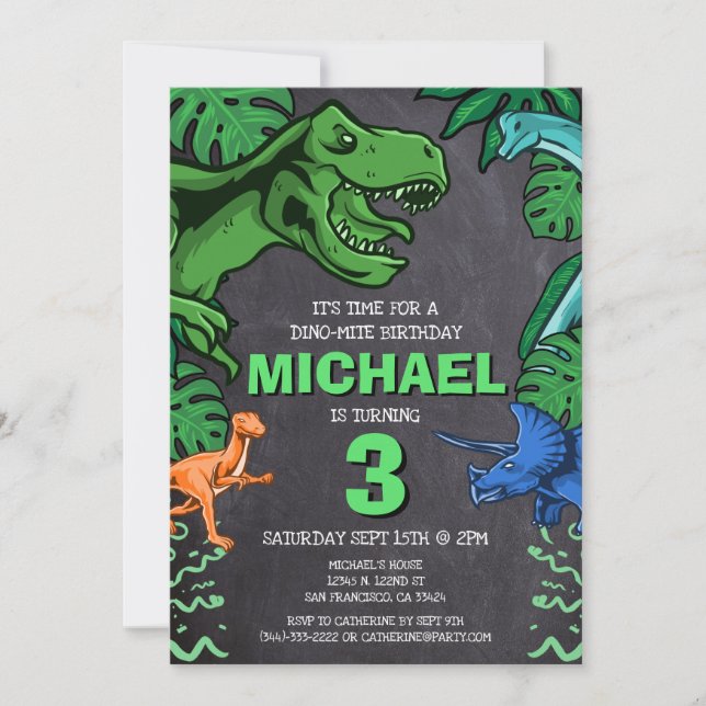 Invitación Dino Trex Jurassic Boy Dinosaur Cumpleaños (Anverso)