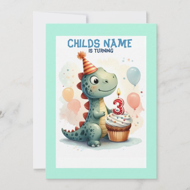 Invitación Dino Turning 3 Cumpleaños (Anverso)