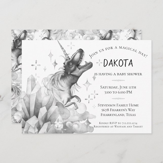 Invitación Dinocorn Crystal | Baby Shower Monocromo plateado (Anverso / Reverso)