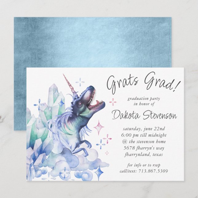 Invitación Dinocorn Crystal Blue | Graduado de dinosaurios de (Anverso / Reverso)