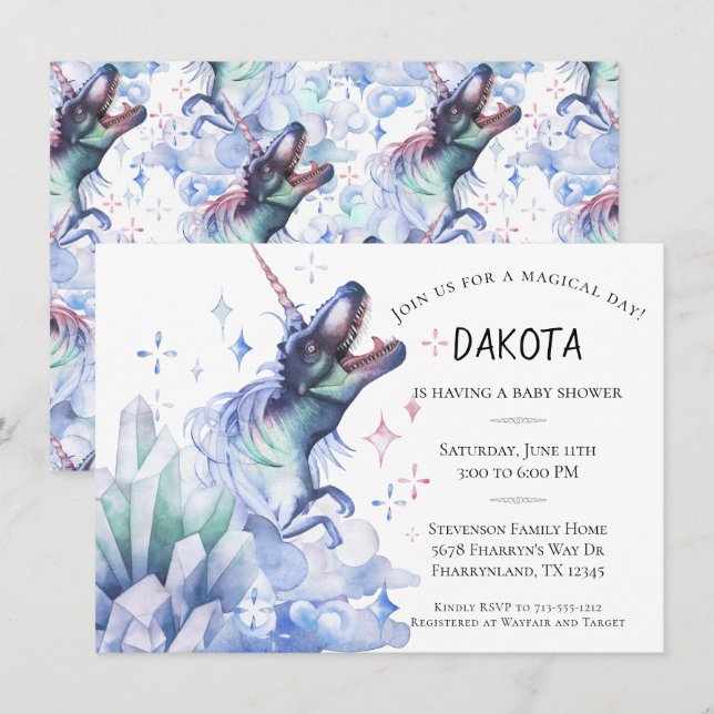 Invitación Dinocorn Crystal | Dinosaur Unicorn Baby Shower (Anverso / Reverso)
