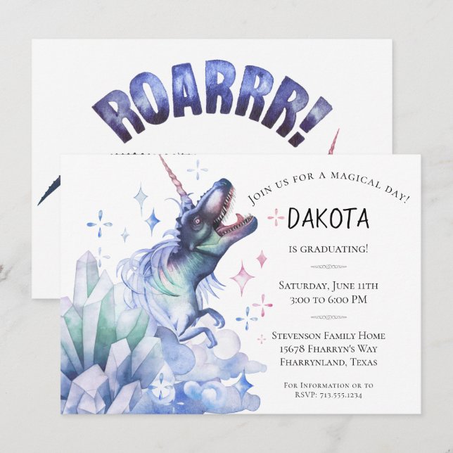 Invitación Dinocorn Crystal | Novedad Graduación de Fantasía (Anverso / Reverso)