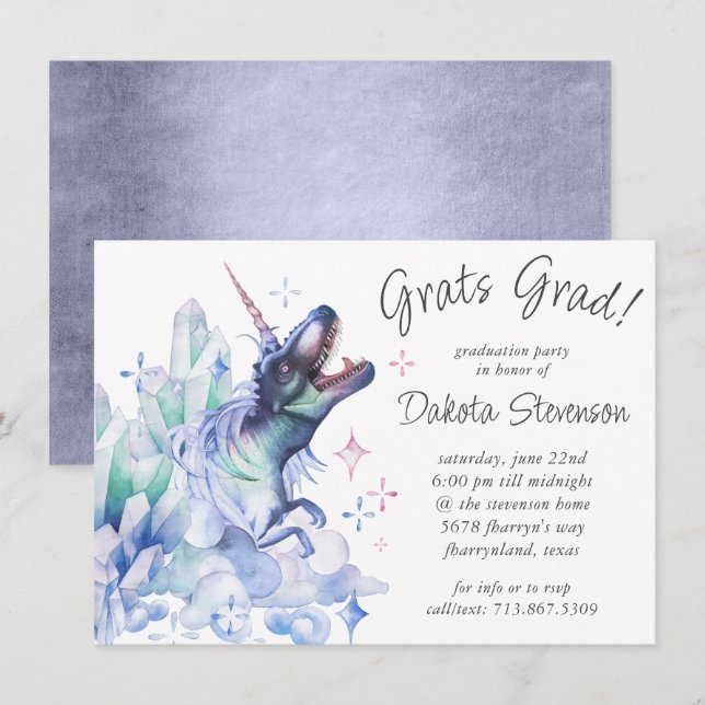 Invitación Dinocorn Crystal Purple | Unicorn Dinosaur Grad (Anverso / Reverso)