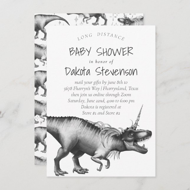 Invitación Dinocorn Silver | Baby Shower de larga distancia r (Anverso / Reverso)