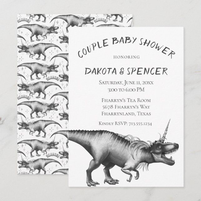 Invitación Dinocorn Silver | Baby Shower Parejas monocromas (Anverso / Reverso)