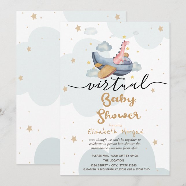 Invitación Dinos en Avión Nubes Estrellas Fiesta Virtual de B (Anverso / Reverso)