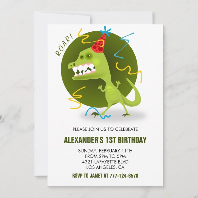 Invitación Dinosaur 1er cumpleaños niño para rex para niños r (Anverso)