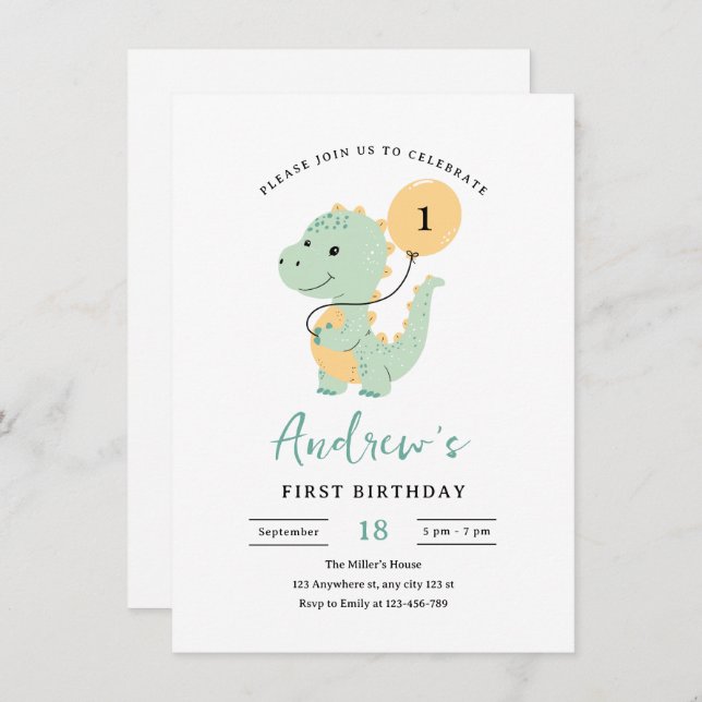 Invitación Dinosaur 1st Birthday Invitation, Minimalist T rex (Anverso / Reverso)