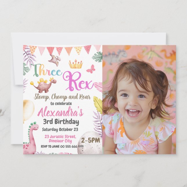 Invitación Dinosaur 3er cumpleaños Tres Chicas de fotografía  (Anverso)