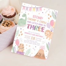 Dinosaur 3rd Birthday Invitations Girl. Cute Baby