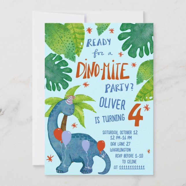 Invitación Dinosaur acuarela lindo fiesta de cumpleaños (Anverso)
