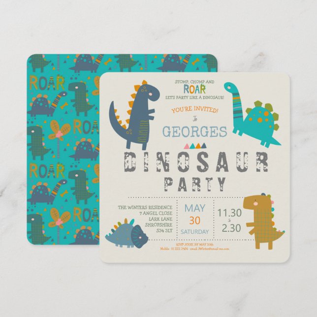 Invitación Dinosaur adorable y moderno Partido del Cumpleaños (Anverso / Reverso)