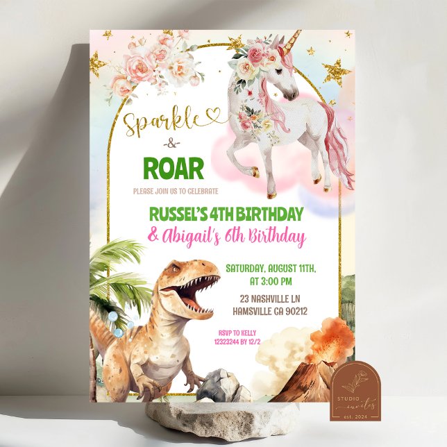 Invitación Dinosaur and Rainbow Pastel Unicorn Joint Birthday (Subido por el creador)
