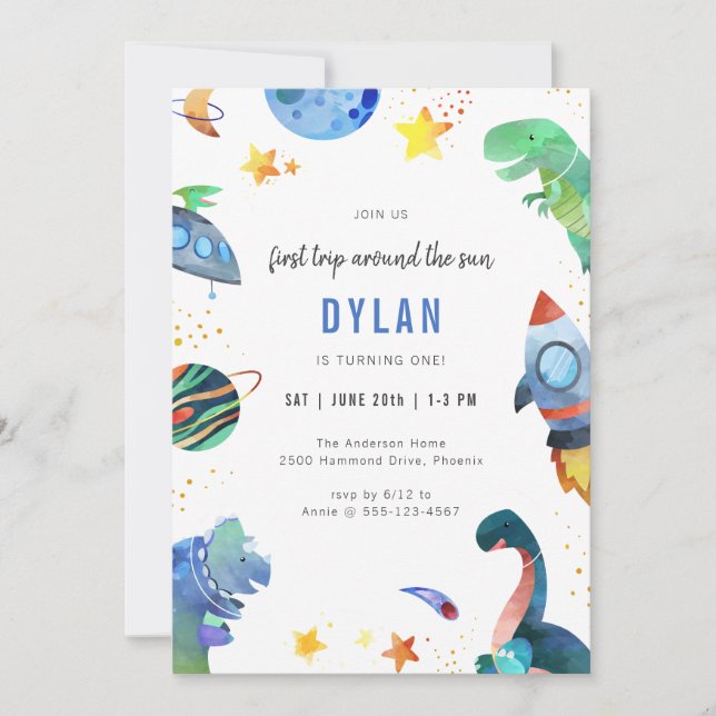 Invitación Dinosaur Astronaut Outer Space Birthday Invitation (Anverso)