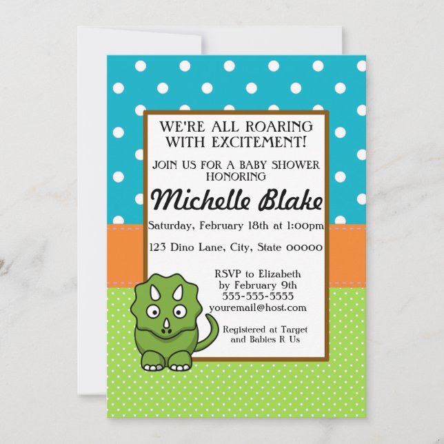 Invitación Dinosaur Baby Shower | Azul y Verde (Anverso)