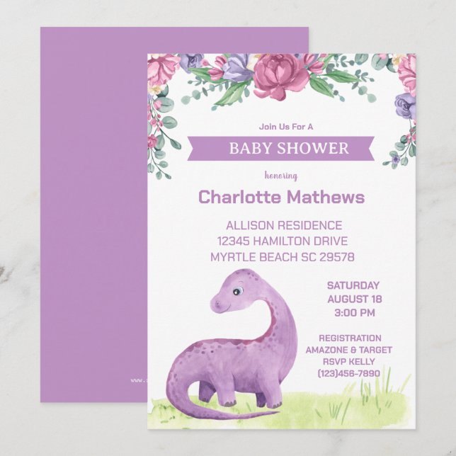 Invitación Dinosaur Baby Shower Chicas Purple Floral (Anverso / Reverso)