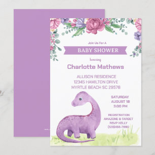 Invitación Dinosaur Baby Shower Chicas Purple Floral