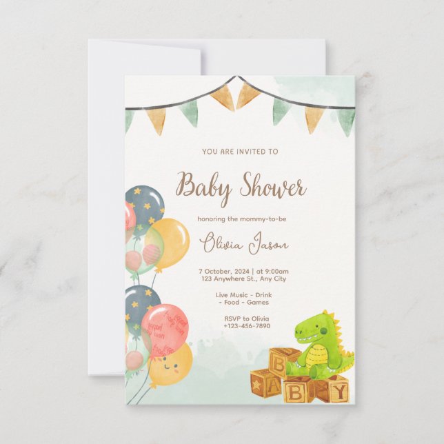 Invitación Dinosaur Baby Shower Invitation | Green & Yellow  (Anverso)