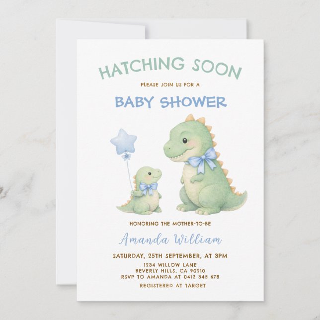 Invitación Dinosaur Baby Shower invitation Hatching Soon (Anverso)