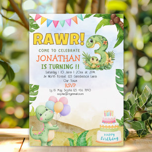 Invitación Dinosaur Birthday 3 for Boys Rawr Dino party