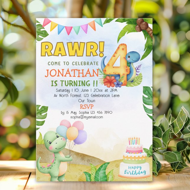 Invitación Dinosaur Birthday 4th for Boys | Rawr Dinosaur  (Subido por el creador)