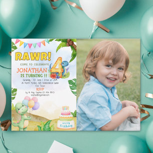 Invitación Dinosaur Birthday 4th with Photo   Rawr Dino Party