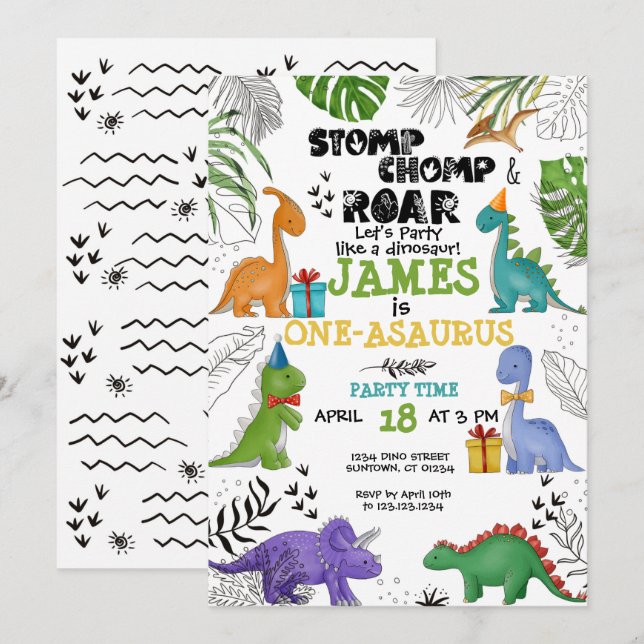 Invitación Dinosaur Birthday Boy Chica acuarela colorida (Anverso / Reverso)