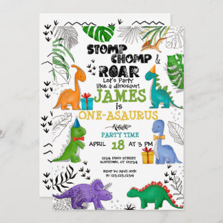 Invitación Dinosaur Birthday Boy Chica acuarela colorida