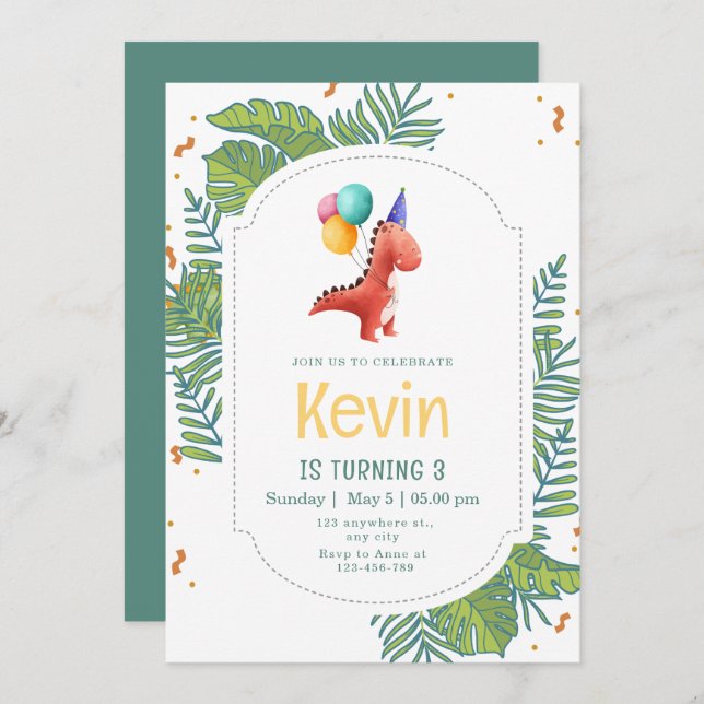 Invitación Dinosaur Birthday Invitation, Three Rex Birthday (Anverso / Reverso)