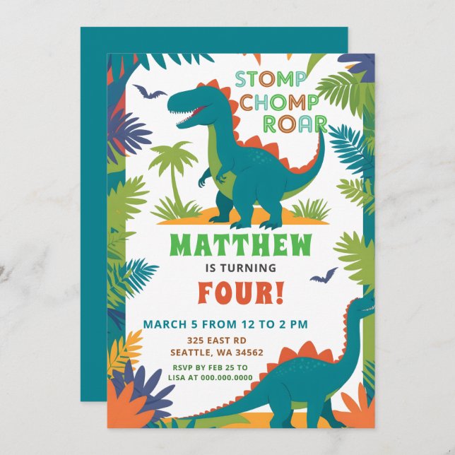 Invitación Dinosaur Birthday Party (Anverso / Reverso)
