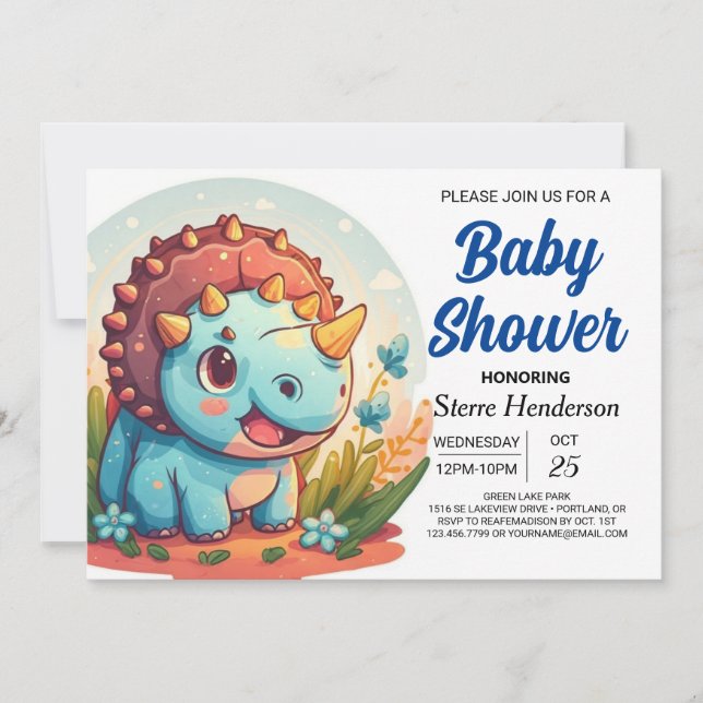Invitación Dinosaur Boy Baby Shower Personalizado azul digita (Anverso)