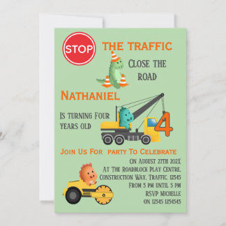 Invitación Dinosaur Construction Vehicle 4th Birthday Party
