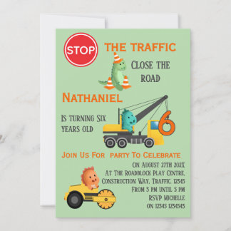 Invitación Dinosaur Construction Vehicle 6th Birthday Party