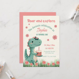Invitación Dinosaur Cute Jurassic Funny Chica primer cumpleañ