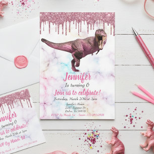 Invitación Dinosaur de niña brillo rosa Tyrannosaurus