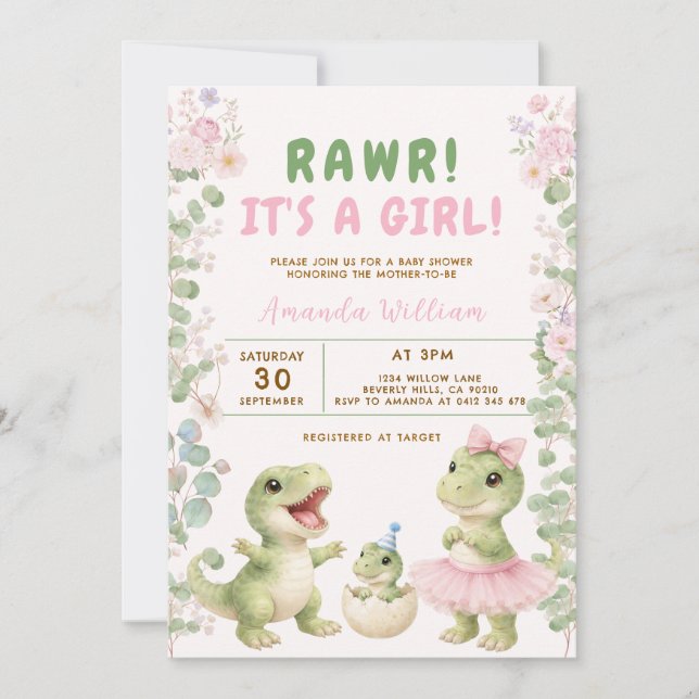 Invitación Dinosaur Es una niña Cumpleaños de bebé Dinosaurio (Anverso)