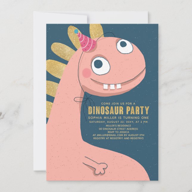 Invitación Dinosaur Faux Gold Pink Fun Cute Chicas Niños (Anverso)