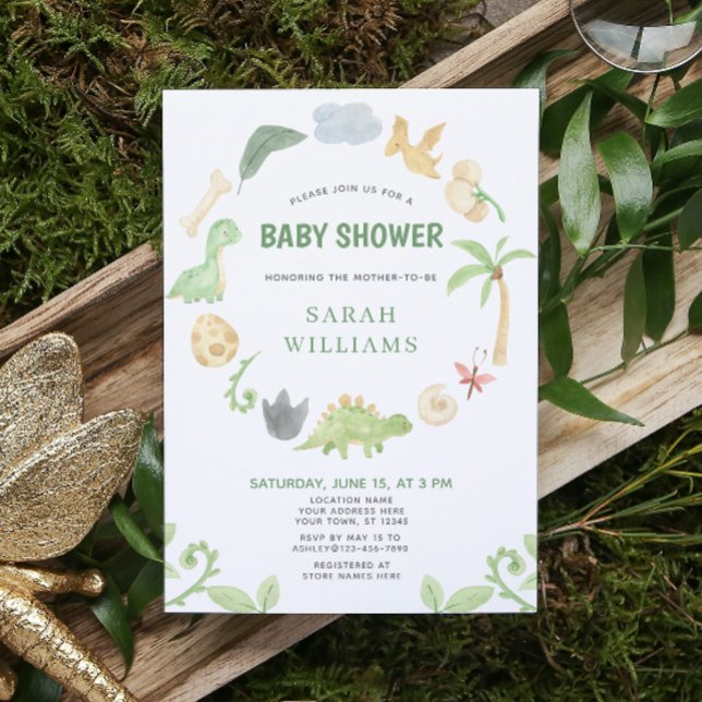 Invitación Dinosaur Green Watercolor Wreath Baby Shower (Get ready for a Jurassic celebration with our adorable dinosaur baby shower invitations! 🦕)