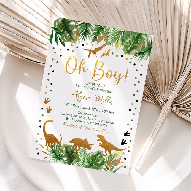 Invitación Dinosaur Greenery Gold Baby Shower (Subido por el creador)