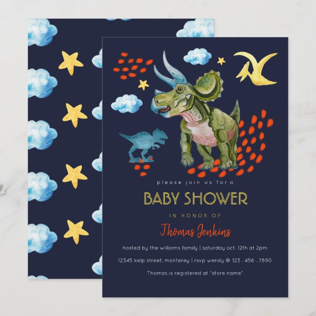 Invitación Dinosaur in watercolor Baby Shower invite. (Anverso / Reverso)