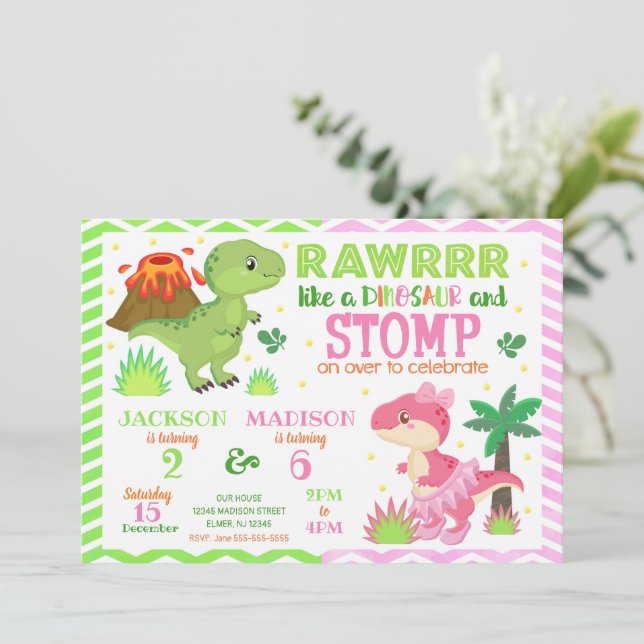 Invitación Dinosaur Joint Birthday Invitation for Boy & Girl (Anverso de pie)