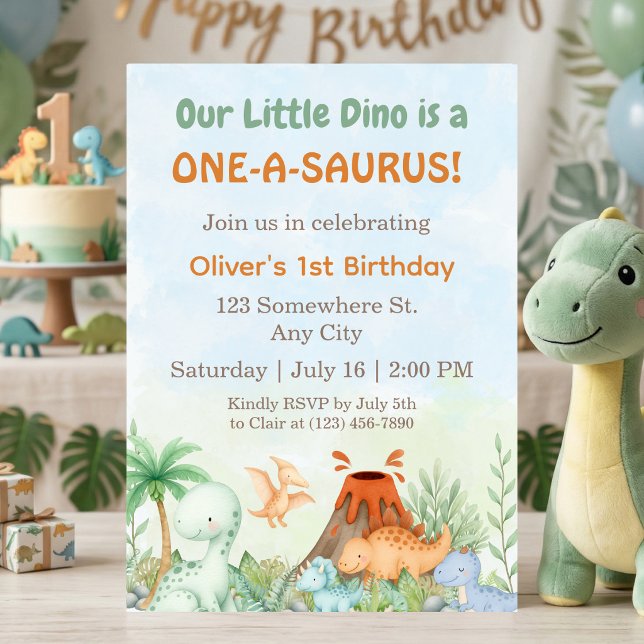 Invitación Dinosaur One-A-Saurus 1st Birthday  (Dinosaur One-A-Saurus 1st Birthday Invitation)