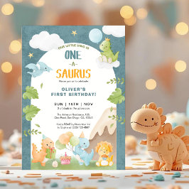 Invitación Dinosaur One-A-Saurus 1st First Birthday Party