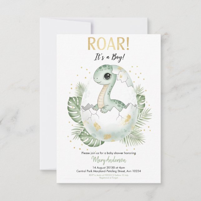 Invitación Dinosaur park Baby Shower party boy girl Roar (Anverso)
