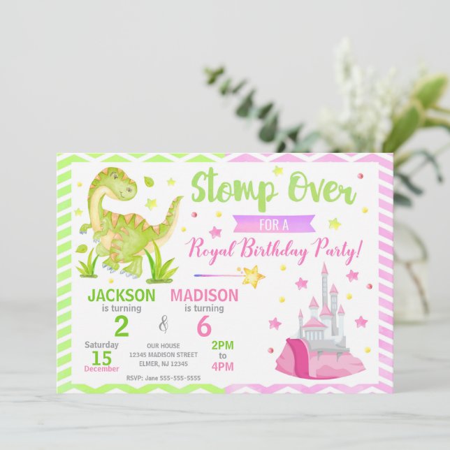 Invitación Dinosaur & Princess Joint Birthday Invitation (Anverso de pie)
